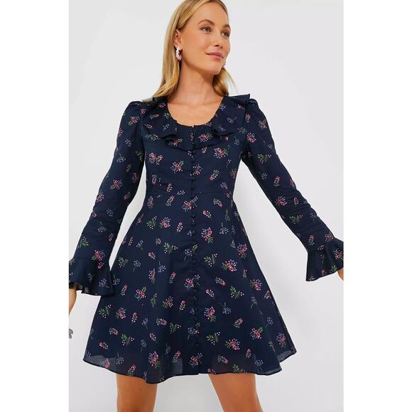 Hyacinth House Floral Ruffle Neck Norah Mini Dress Navy Blue Size Medium - Picture 1 of 7